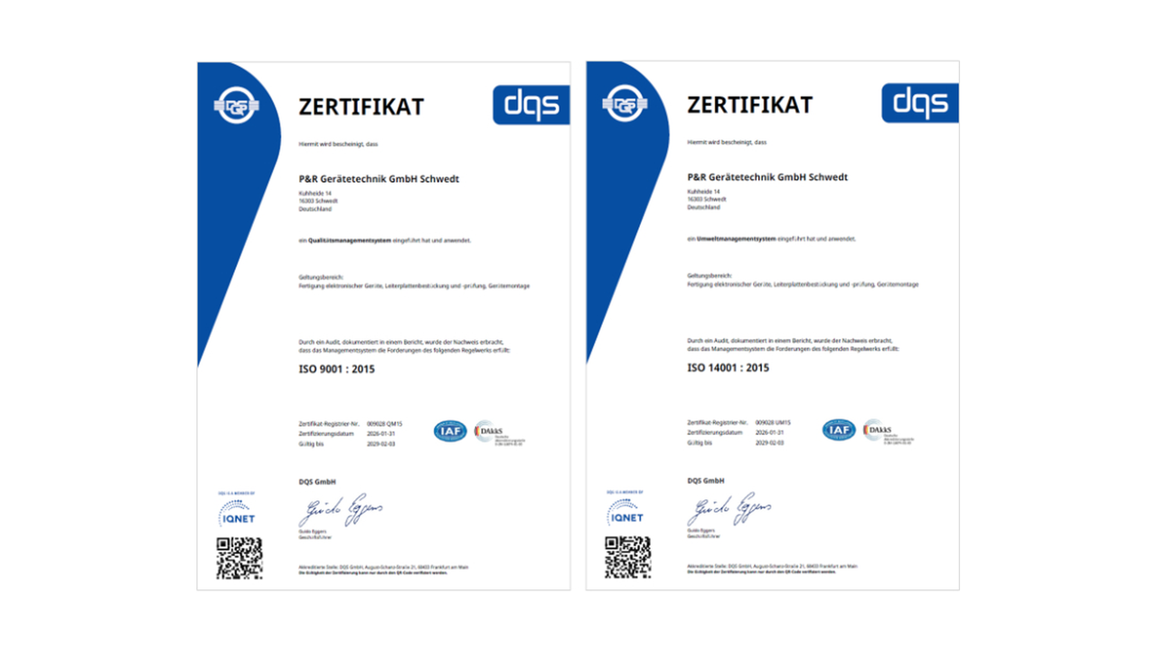 P&R’s DQS certificates for ISO 9001:2015 and ISO 14001:2015