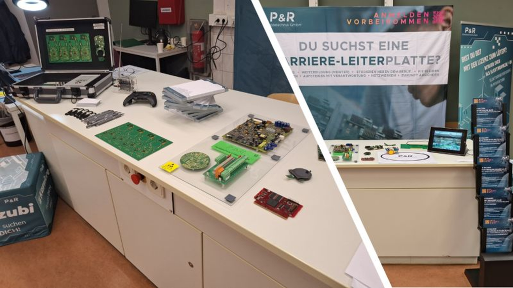 P&R information stand with circuit boards and electronics at careers day in Prenzlau